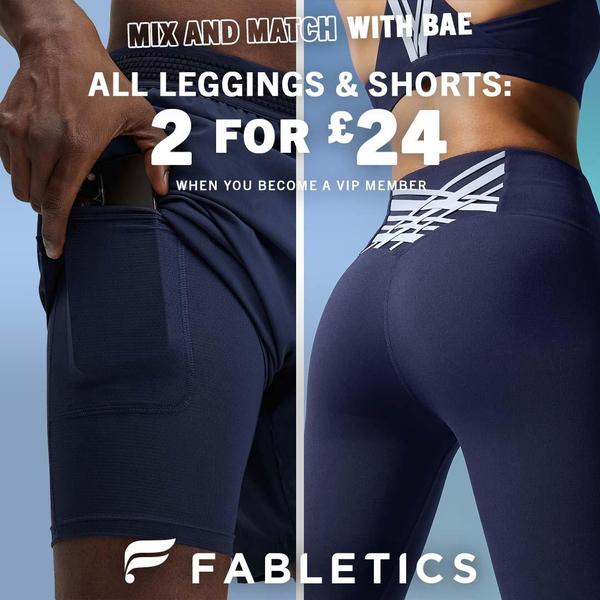 A split-screen visual showing a pair of athletic shorts with a pocket on the left and women's leggings on the right, promoting a two-for-one member pricing deal.